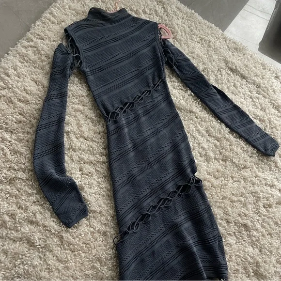 Dion Lee Slate Blue Long Sleeve Crochet Knit High Neck Lace-Up Dress - Picture 9 of 9